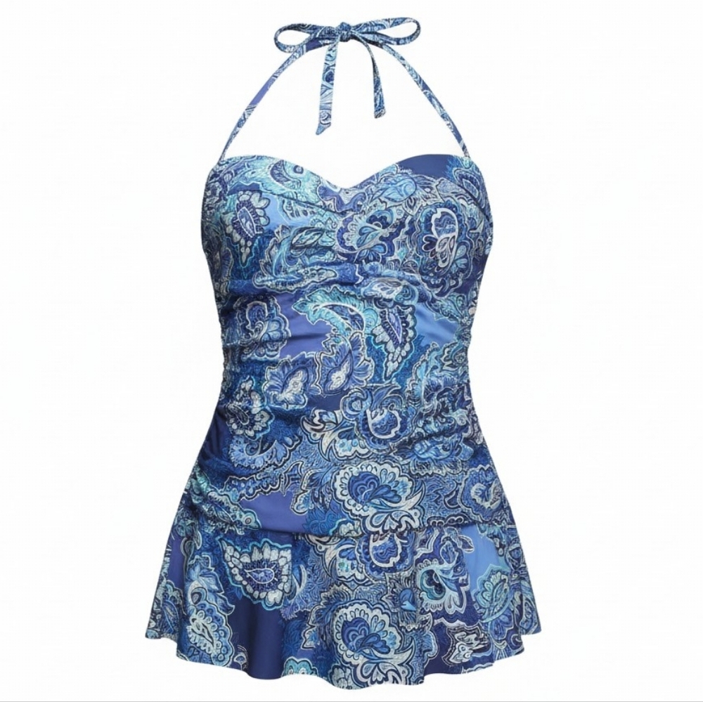 LAUREN RALPH LAUREN | Blue Paisley Skirted One-Piece Swim Dress Halter | XL 12